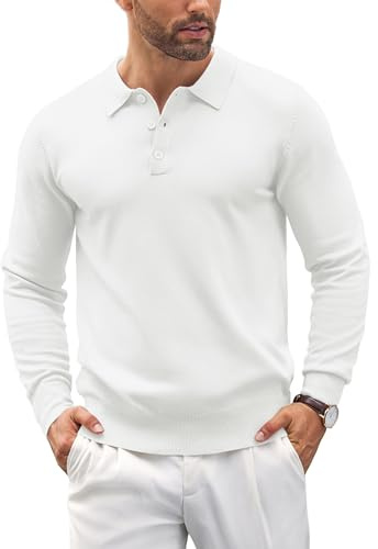 COOFANDY Mens Polo Jumper Long Sleeve Poloshirts Knitted Sweater Basic Sweatshirts Solid Color Pullover White XL