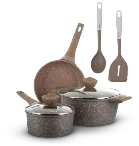 KASANOVA Set pentole antiaderente 0 Grassi, Batteria pentole a induzione e ogni piano cottura, set pentole e padelle antiaderente a 4 Strati con Design Moderno (7 Pezzi)