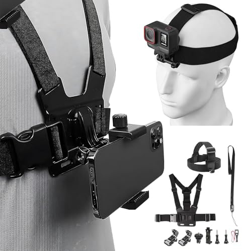 Kit de soporte de arnés de soporte para el pecho del teléfono, soporte de correa para la cabeza y clip de correa para teléfono móvil para grabar videos, soporte de cuerpo ajustable y estable para