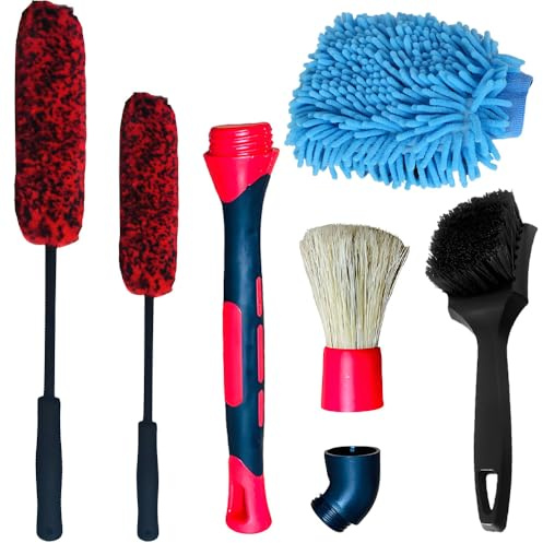 Hiuyavy Car Wheel Brush Kit, 6PCS Automobile Detailing Wheel Brush Washing ToolKit with Car Cleaner Gloves, Bendable Wheel Cleaning Brush and Microfiber Rim Cleaner Brush for Wheel Care and Cleaning