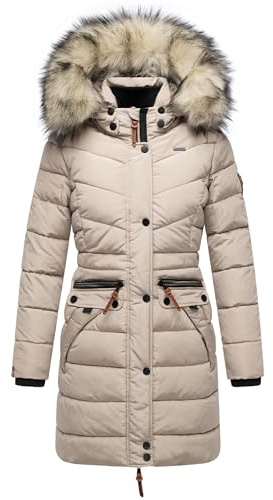 Navahoo - Cappotto invernale lungo da donna con cappuccio in pelliccia sintetica rimovibile Paula, XS-5XL, Tortora chiaro, M