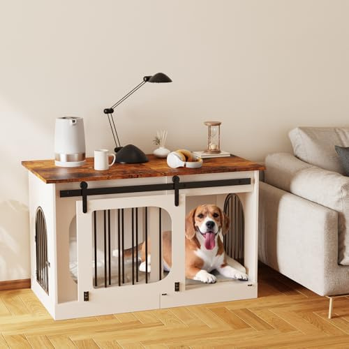 YDTOP Jaula para Perros Mueble 100 cm, XL Caja para Perros para el Hogar con 3 Puertas Corredizas & Colchón para Perros, 100x60x69cm, Blanco & Marrón