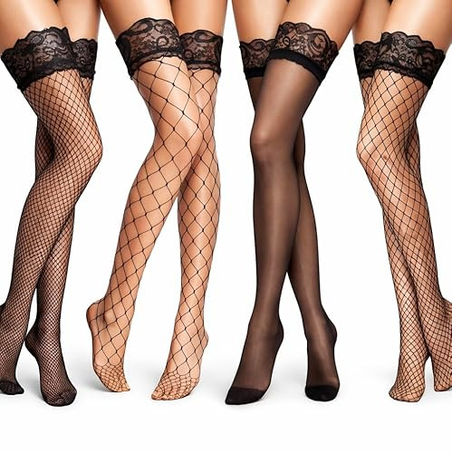 TMZELOA 4 Paires Bas Résille en Dentelle Bas Autofixants Transparents en Silicone, Bas Hauts en Résille Élastique avec Dentelle à la Cuisse pour Femmes Bas Résille Bas de Soie Bas de Dentelle