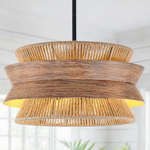 QAPKGH 19.7 Hand-Woven Rattan Chandelier for Dining Room, 4-Light Boho Farmhouse Adjustable Hanging Light Fixture for Kitchen Island Living Room Bedroom Hallway