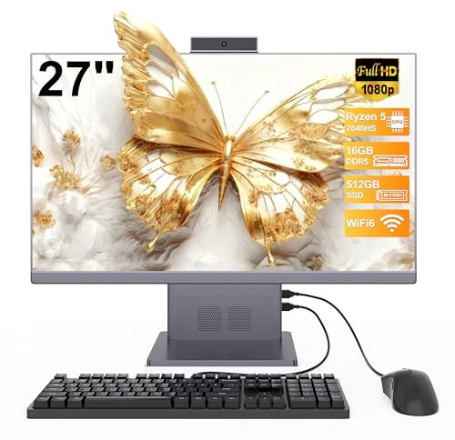 SUKOTOP 27 Pollici All in One PC Ryzen 5 7640HS (fino a 5.0GHz) 6 Core Processore Computer All in One 16GB RAM 512GB SSD con Webcram WiFi6 Bluetooth5.3 Wired Keyboard & Mouse