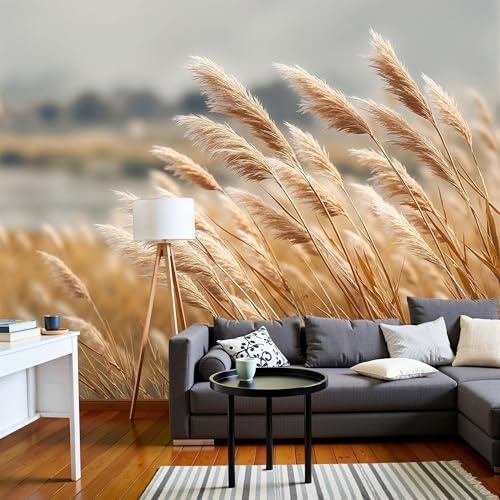 Fotomural Papel Pintado Para Pared Beige Marrón Lago De Juncos Natural, Art Papel Tapiz Fotográfico Mural 350X256Cm Paisaje Realista Decoración De Pared Sala Cuarto Oficina Salón