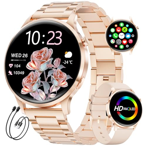 Montre Connectée Femme avec Appel Bluetooth, 1.32 AMOLED Smartwatch, 120+Sportif Sommeil, Podomètre, Fréquence Cardiaque/Sommeil/IP68 Étanche Montre Running Compatible pour Android iOS (Or rose)