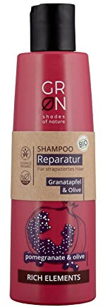 GRN [GRÜN] Biokosmetik Shampoo Reparatur - Bio-Olive & Bio-Granatapfel - für beanspruchtes, kaputtes Haar - vegan - 250 ml, Rot