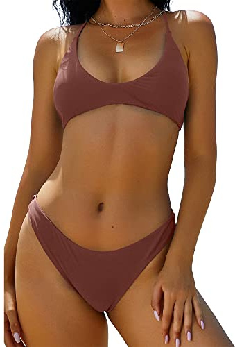 ZAFUL Women's Tie Back Padded High Cut Bralette Bikini Set Two Piece Swimsuit (1-Coffee, S)