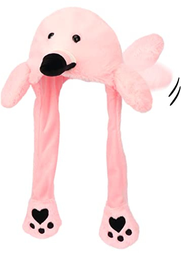 Hopearl Flamingo Hat with Ears Moving Jumping Pop Up Beating Hat Plush Farm Animal Holiday Cosplay Dress Up Funny Gift for Kids Boys Girls, Pink, 22''