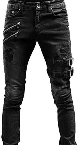 Maiyifu-GJ Men's Distressed Moto Biker Jeans Ripped Punk Gothic Zipper Denim Pants Hip hop Tapered Leg Slim Fit Jean, Black, X-Large