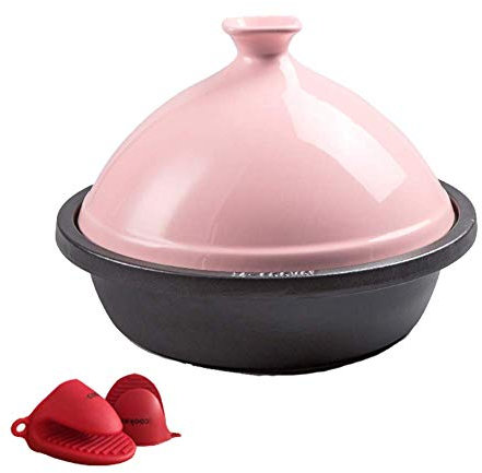 Auflaufformen mit Deckel aus Gusseisen und Keramik Tajine, Tajine-Topf mit emailliertem Gusseisenboden und kegelförmigem Deckel (Rosa)