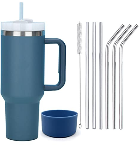 Moollyfox Dubbelväggig isoleringsmugg av rostfritt stål, 1 200 ml (40 oz), med handtag, uppgraderad kaffekopp/mugg/resemugg/bilmugg/termosmugg med sugrör av rostfritt stål och silikonskydd, marinblå