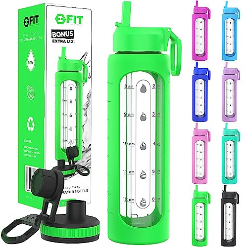 32 oz Glas-Wasserflasche mit Strohhalm-Deckel, Zeitmarkierung, Hülle & extra Deckel – Motivierende, breite Öffnung, große BPA-freie 1 Liter Glas-Trinkflasche, Wasserflasche aus Glas, Limettengrün