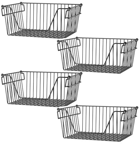 SANNO Black Stackable Wire Baskets Stacking Bins for Vegetable Storage Pantry, Fridge, and Bathroom Organization,4 pack