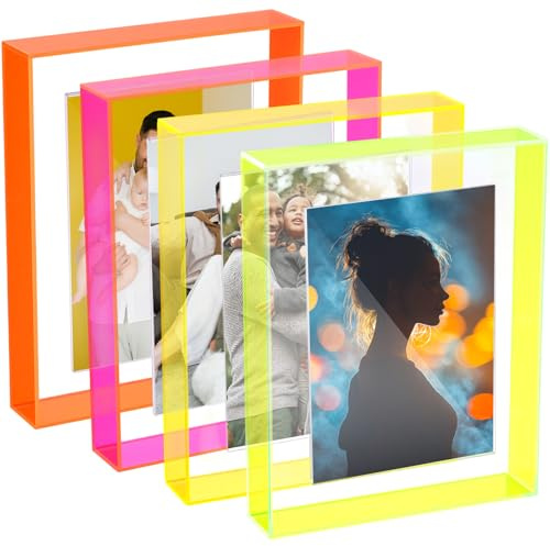 Kathfly 4 cornici portafoto galleggianti, in acrilico, per montaggio a parete o da tavolo, decorative, magnetiche, traslucide, al neon, da appendere, per esporre foto fino a 17,8 x 22,8 cm (colori
