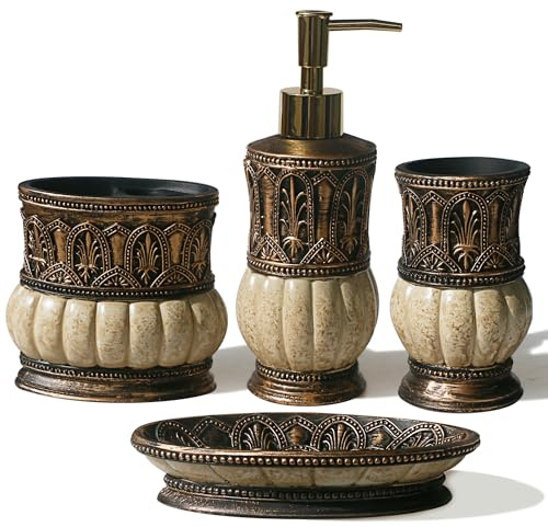 Pumkins Badezimmer-Zubehör-Set, Retro-Stil, inklusive 1 Tassen, 1 Zahnbürstenhalter, 1 Seifenschale und 1 Seifenspender, Dekoration für Zuhause und Arbeitsplatte, Schminktisch, Geschenk zum Einzug