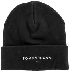 Tommy Jeans Uomo Berretto in Maglia Linear Logo Beanie Cotone Bio, Nero (Black), Taglia Unica