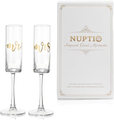 NUPTIO Champagne Glas Bröllop Gåva: Uppsättning av 2 Herr Fru Graverad Flöjter Prosecco Guld Hans Hennes Personlig Present Klar Brudgum Brud Förlovning Årsdag Alla Hjärtans Dag Födelsedag
