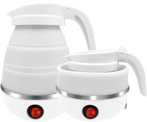 OXNSHEJW Foldable Electric Kettle, Mini Travel Kettle, 600ML Silicone Collapsible Kettle, Electric Tea Coffee Maker Portable Travel Kettles with Separable Power Cord for Outdoor Hiking Camping (White)