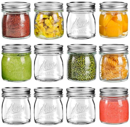 Tynatune Mason Jars, 8 OZ, 12 Pack with Lids and Bands, Glass Canning Jars for Canning, Pickling, Preserving, Jam, Honey, Wedding Favors, Shower Favors (12 Pack) (Regular Mouth)