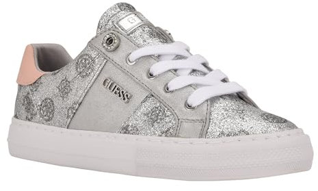 GUESS Women's Loven Sneaker, Silver/Pink Glitter Logo 099, 8 UK