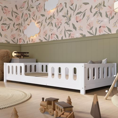 Crazy Pine Kinderbett 90x190 cm – Weißes Montessori Bodenbett mit Rausfallschutz aus MDF – Sicheres Kleinkindbett mit Abgerundeten Kanten – Einstieg mittig – Einfache Montage – Crazy Ethan
