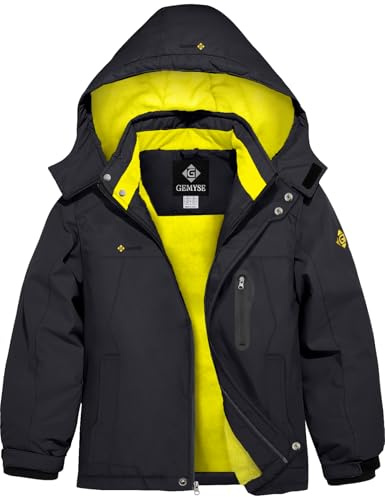 GEMYSE Boy's Waterproof Ski Snow Jacket Hooded Fleece Windproof Winter Jacket(Black & Sunburst Yellow,10/12)