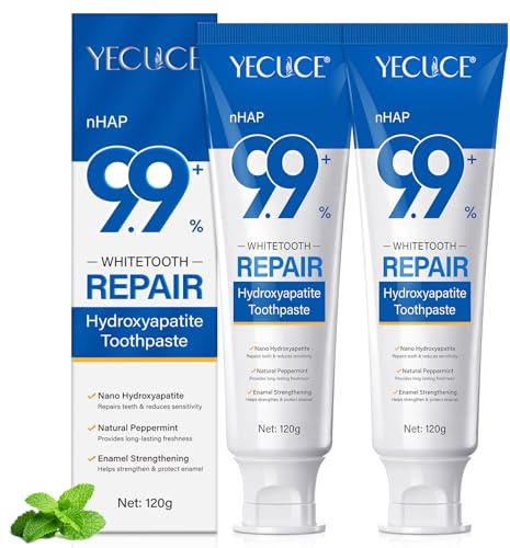 2PCS 9.9% Hydroxylapatit Zahnpasta zur Reparatur Zahnschmelzes und Stärkung Zähne, Nano Hydroxylapatit Remineralisierung Zahnpasta, Fluoridfreie, aufhellende Zahncreme für empfindliche Zähne, Minze