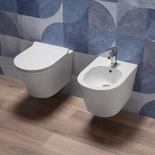 Coppia Sanitari bagno filo muro in Ceramica Bianco Lucido - WC Rimless e Bidet Sospesi con Sedile Soft Close, Sgancio Rapido Easy Clean, Installazione a Parete e Design Moderno - Mod.WhiteWall 2
