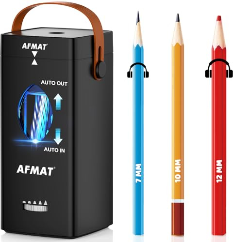 AFMAT Electric Pencil Sharpener, Portable Rechargeable Sharpener with Handle, Auto in & Out, 5 Tip Settings for Pencils 6.5-12mm, Super Fast Pencil Sharpeners for Teachers Artists Office, Black, PSC7