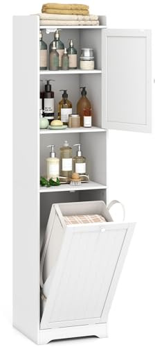 COSTWAY Mobile da Bagno, Armadietto Alto in Legno con Ripiano Regolabile, Cestino per Portabiancheria con Maniglie e Mensola Aperta, 40 × 40 × 170 cm, per Bagno e Cucina (Bianco)