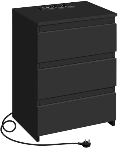 Yaheetech Nattskåp med 3 lådor, 2 AC-uttag och 2 USB-portar, sidobord, resårsäng nattduksbord för sovrum/vardagsrum, svart