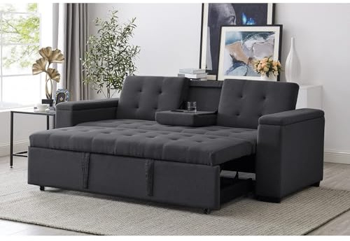 CONCEPT USINE | Canapé Convertible 3 Places en Tissu de Lin | NOHO Gris Foncé | Modulable très Pratique | Design Contemporain | Lit 2 Places : Couchage 160 x 160 cm | Structure Bois Massif Plywood