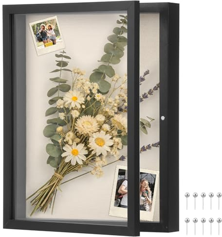 Cornice portafoto 3D da riempire, in legno, 28 x 35,5 cm, con chiusura magnetica, cornice profonda, per presentazioni fai da te, foto, fiori secchi, souvenir, biglietti d'ingresso medaglie (nero)