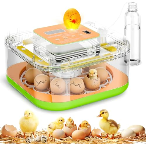Incubator for Hatching Eggs, Temperature and Humidity Control, Automatic and Adjustable Egg Turning & Incubation Day, Built-in Egg Candler, 12 Egg Incubator for Hatching Chicken, Duck, Turkey, Bird