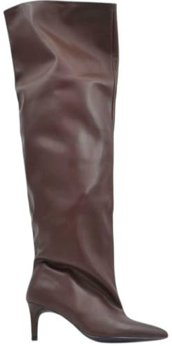 Stivali Slouchy Altissimo in Pelle Marrone a Punta con Tacco Basso Kitten 5 cm Gambale Over Trend (38 EU)