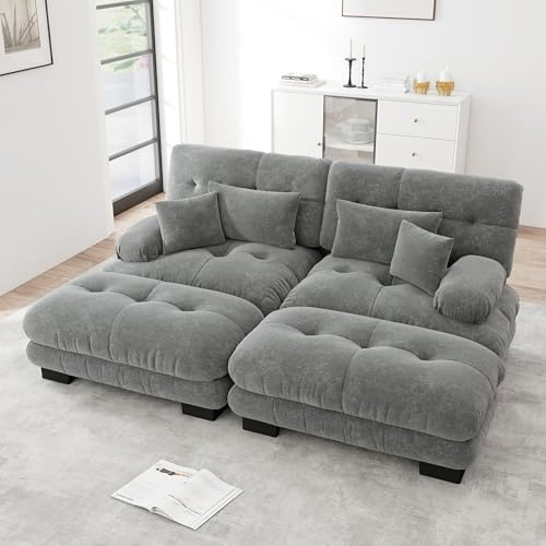 NuvlaGu Cloud Chenille sofá de esquina de 2 plazas con reposapiés, sofá tapizado con amplios reposabrazos, 2 cojines lumbares, 2 cojines decorativos, sofá modular para salón, gris