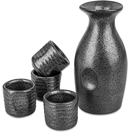 Hakkin Set da Sake, 150 ml, set di 5 pezzi con brocca artigianale in ceramica per Sake o vino e 4 tazze, ideale per Sake giapponese