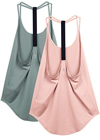 icyzone Workout Tank Tops for Women - Gym Yoga Shirts, T-Back Sport Running Tank Top, 2-Pack (L, Dusk Blue/Pale Blush)