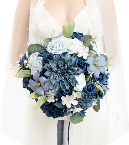 Ling's moment Navy Blue Bridal Bouquet for Bride, Blue Wedding Bouquets for Bride, 13 Inch Silk Round Artificial Wedding Flowers Bouquets