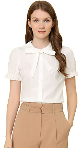 Allegra K Women's Vintage Peter Pan Collar Tie Neck Casual Cute Cotton Button-Up Shirt Medium White