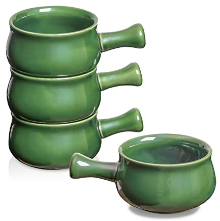 vicrays French Onion Soup Bowls With Handles, 26 Ounce for Soup, Chili, Beef Stew, Chip Resistant, Dishwasher Microwave Safe, Set of 4 (Green)
