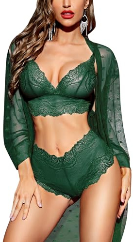 RSLOVE Sexy Lingerie for Women Lace Lingerie Set with Mesh Robe 3 Piece Set Sleepwear Nightwear Green Medium