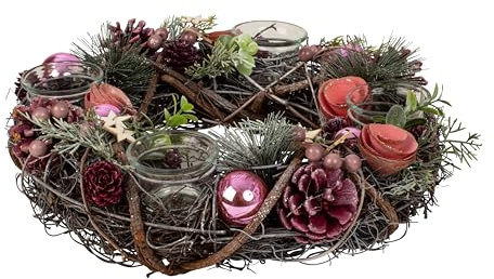 Couronne de l'Avent de Noël en plusieurs matériaux - Ronde avec décoration rose/vert/marron pour bougies chauffe-plat - Diamètre : 34 cm