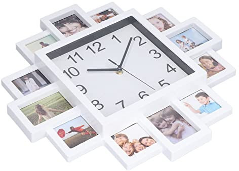 Akozon 15,35 Zoll Weißes Foto, Uhr DIY Multi-Wanduhren für Personalisierte Heimdekoration 12 Multi-Frame-Wand