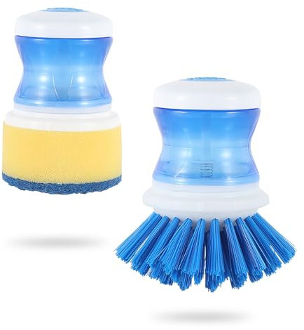 ZOCONE Soap Dispensing Palm Brush 2 in 1, Dish Brushes for Washing up with Sponge, Blue Kitchen Brushes for Dishes Soap Dispensing Dish Brush, Washing up Brushes for Kitchen Pot Pan Sink Cleaning