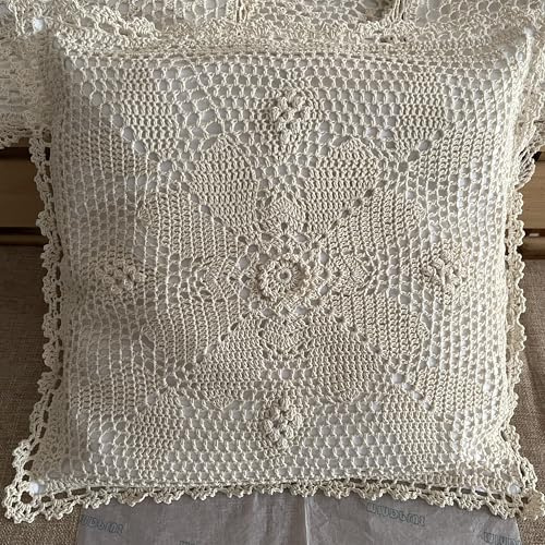 MINDPLUS Federa per cuscino in cotone lavorato a mano all'uncinetto, decorativa, realizzata a mano, 40 x 40 cm, motivo floreale, stile vintage rurale (beige)