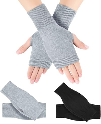 Kieswan 2 Paar Fingerlose Handschuhe Unisex, Gestrickte Pulswärmer Damen Weicher Handstulpen Herren Winter Handschuhe Ohne Fingerkuppen (Schwarz, Hellgrau)