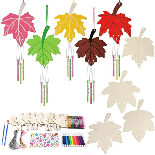 Ainiv Kits Bricolage, 9Pcs Feuille D'Érable Carillon à Vent en Bois, Loisirs Créatifs, Arts et Artisanats D'automne en Bois pour Cadeaux D'anniversaire et Activités D'automne